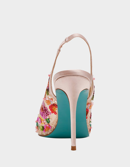 Betsey Johnson Hot Sale | GERRI Nude Floral Embellished Peep-Toe Stiletto Women's Heel