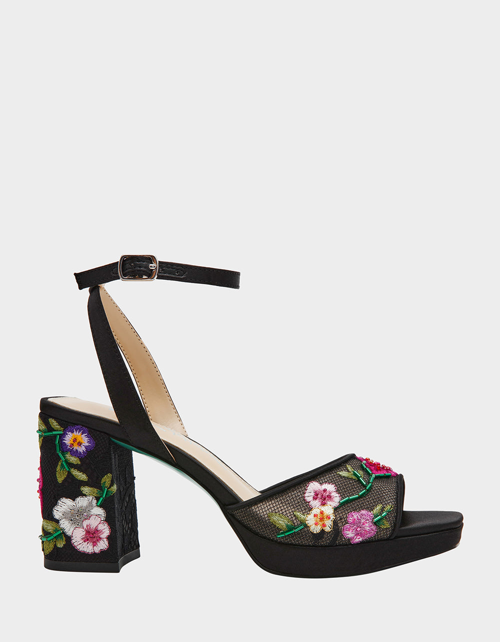 Betsey Johnson Featured | KENNI BLACK MULTI FLORAL Platform Block Heel Floral Print Mesh Women's Sandal