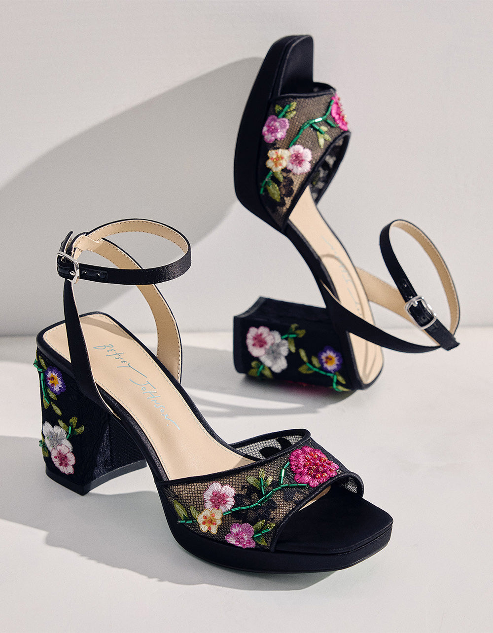 Betsey Johnson Featured | KENNI BLACK MULTI FLORAL Platform Block Heel Floral Print Mesh Women's Sandal