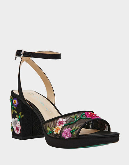 Betsey Johnson Featured | KENNI BLACK MULTI FLORAL Platform Block Heel Floral Print Mesh Women's Sandal