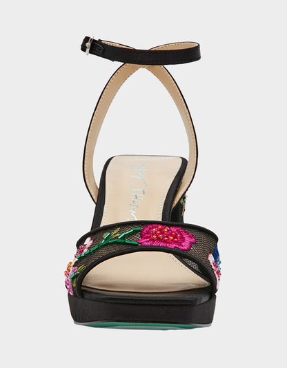 Betsey Johnson Featured | KENNI BLACK MULTI FLORAL Platform Block Heel Floral Print Mesh Women's Sandal