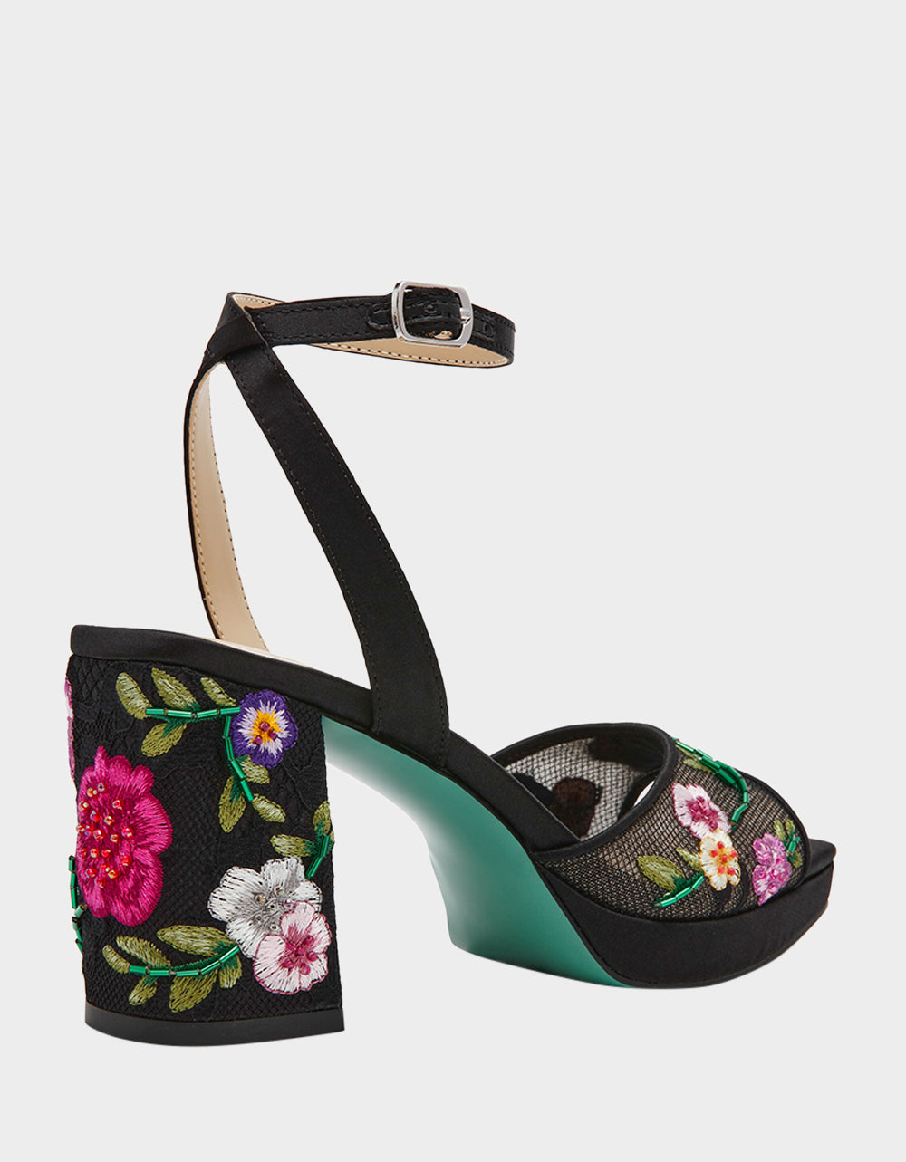 Betsey Johnson Featured | KENNI BLACK MULTI FLORAL Platform Block Heel Floral Print Mesh Women's Sandal